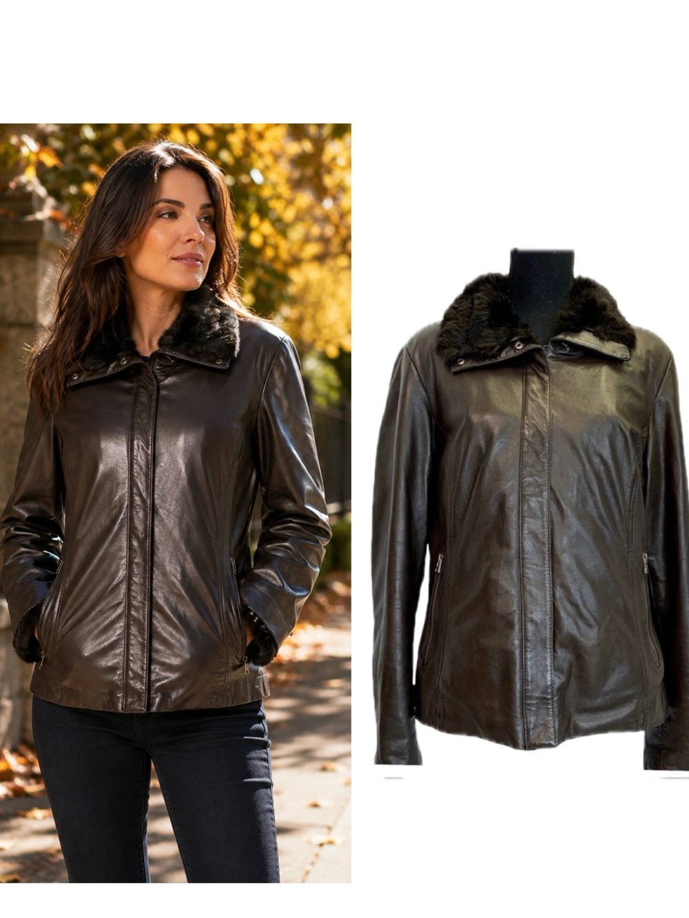 Danier Dark Chocolate Brown Leather Rabbit Fur Trim Jacket Women’s Size Large